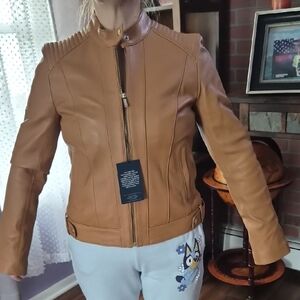 NWT Cole Haan Camel GENUINE  Leather Jacket PTP 20" LENTH 22"